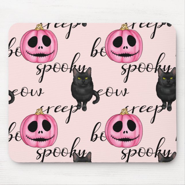 Cute Pink Jack-o'-Lantern and Black Cat Pattern Mouse Pad (Front)