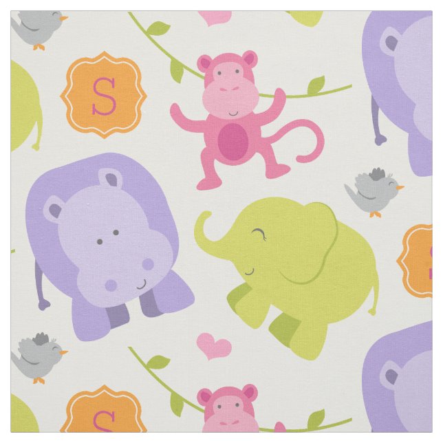 Cute Pink Jungle Animals Baby Girl Custom Monogram Fabric (Swatch)