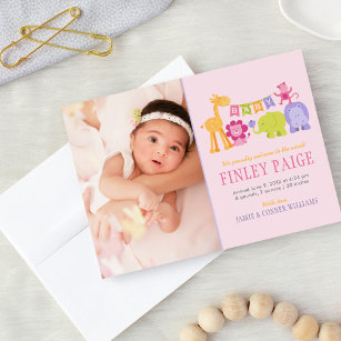 Cute Pink Jungle Animals Baby Girl Photo Birth Announcement