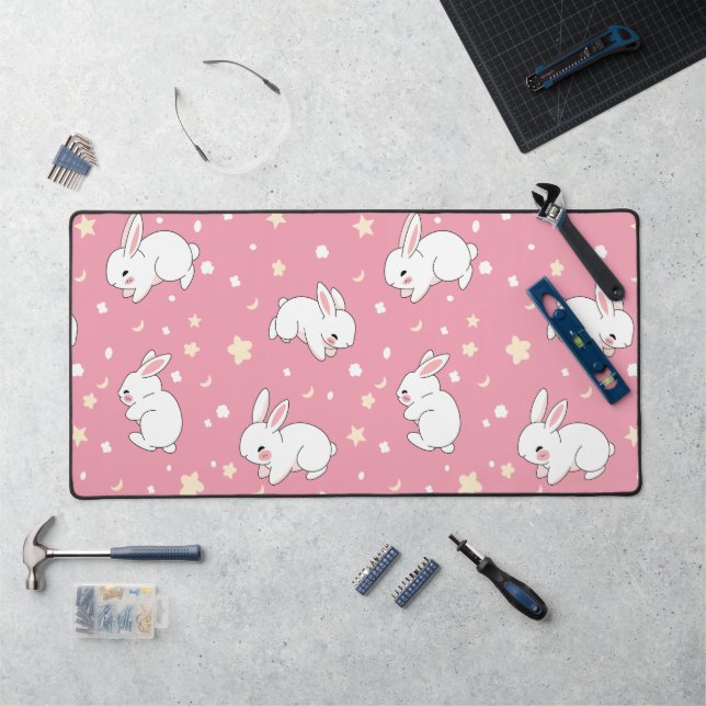 Cute Pink Kawaii Bunny Doodle Desk Mat (Workstation)