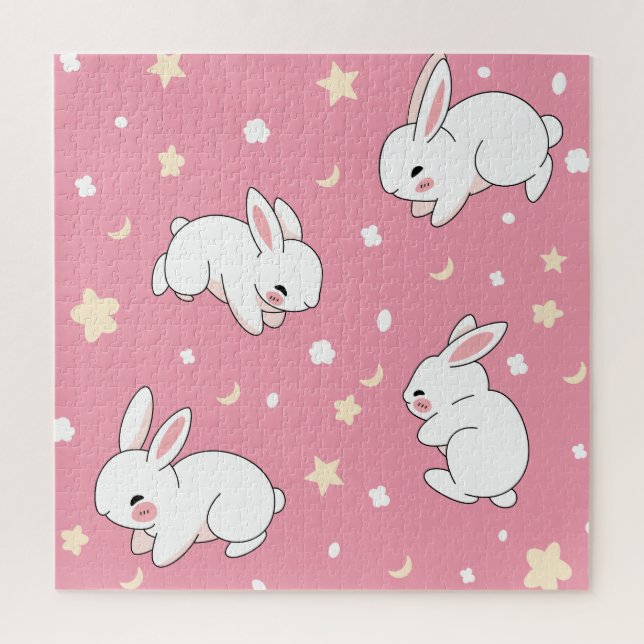 Cute Pink Kawaii Bunny Doodle Jigsaw Puzzle (Vertical)