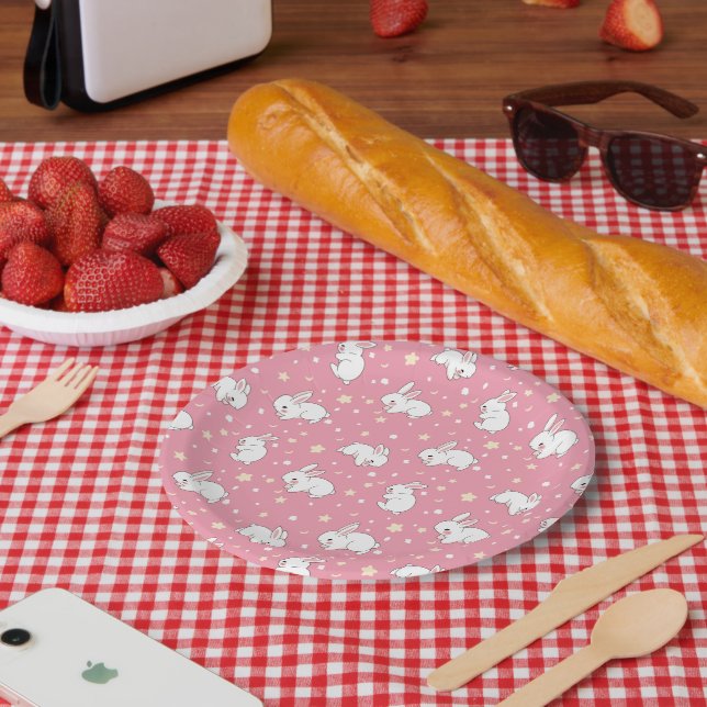 Cute Pink Kawaii Bunny Doodle Paper Plate (Picnic)