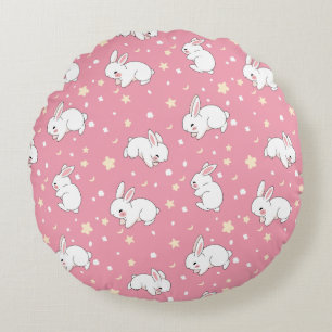 Cute Pink Kawaii Bunny Doodle Round Cushion