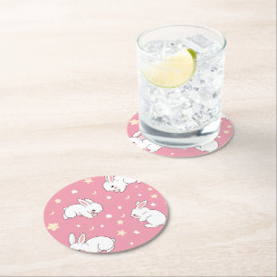 Cute Pink Kawaii Bunny Doodle Round Paper Coaster