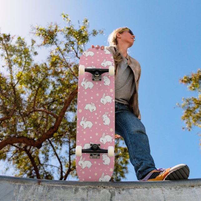 Cute Pink Kawaii Bunny Doodle Skateboard (Outdoor 1)