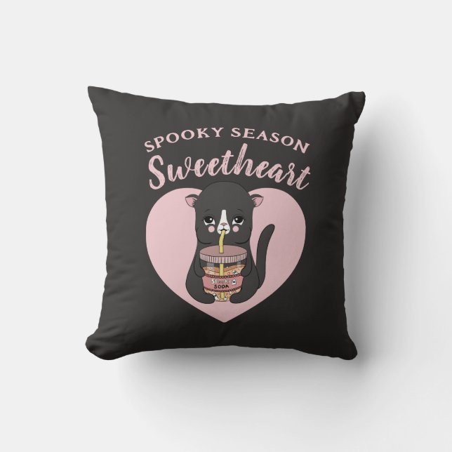 Cute Pink Kawaii Cat Spooky Season Sweetheart Cushion (Front)