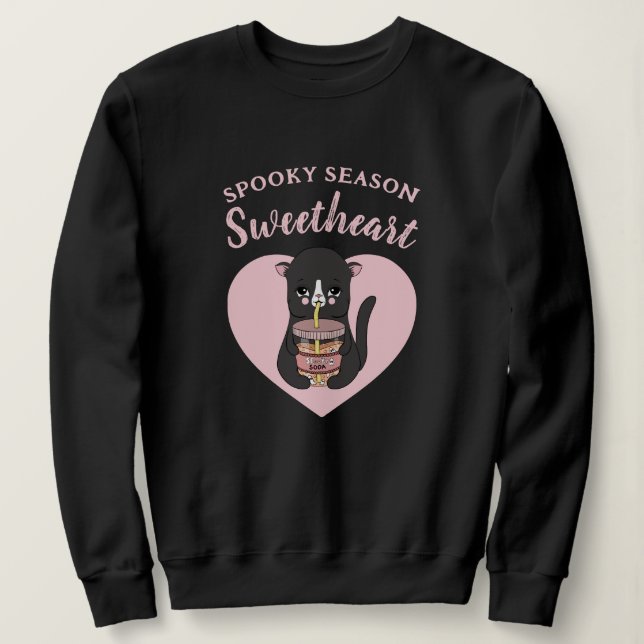 Cute Pink Kawaii Cat Spooky Season Sweetheart Sweatshirt (Design Front)