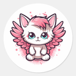 Cute Pink Kawaii Cat with Wings Classic Round Sticker