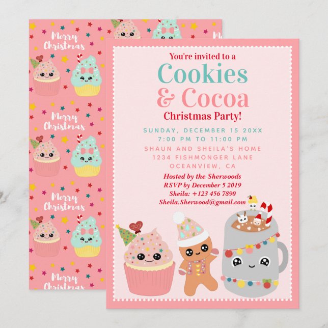 Cute Pink Kawaii Cookies and Cocoa Christmas Party Invitation (Front/Back)