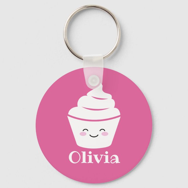 Cute pink kawaii cupcake design keychain with kids (Front)