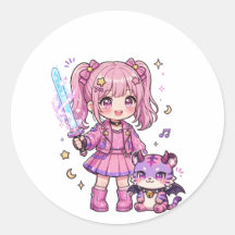 Cute Pink Kawaii Demon Hunter Girl with Magic Swor