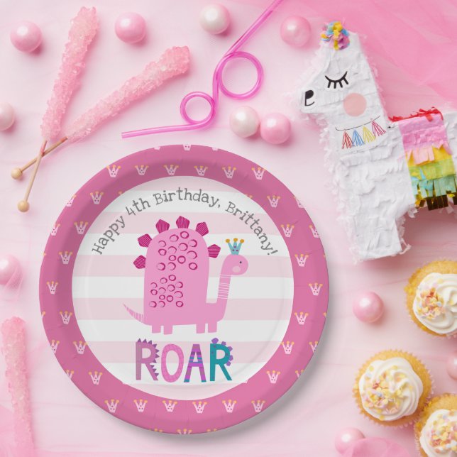 Cute Pink Kawaii Dinosaur Roar Girl Birthday Name Paper Plate (Party)
