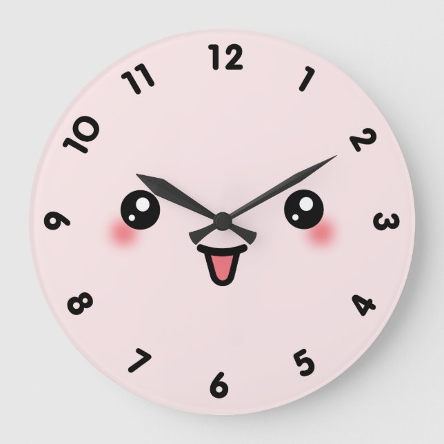 Cute Pink Kawaii Face Large Clock (Front)