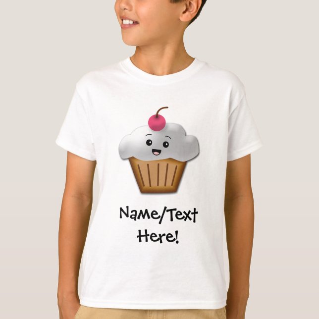 Cute Pink Kawaii Happy Face Cupcake Girls T-Shirt (Front)