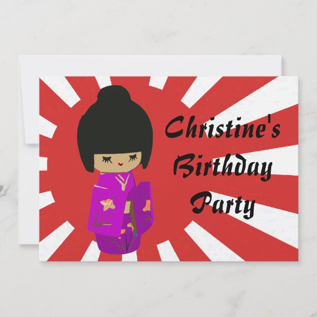 Cute Pink  Kawaii Kokeshi Doll on rising sun Invitation (Front)