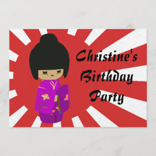 Cute Pink  Kawaii Kokeshi Doll on rising sun Invitation