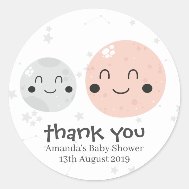 Cute Pink Kawaii Planet and Moons Baby Shower Classic Round Sticker (Front)