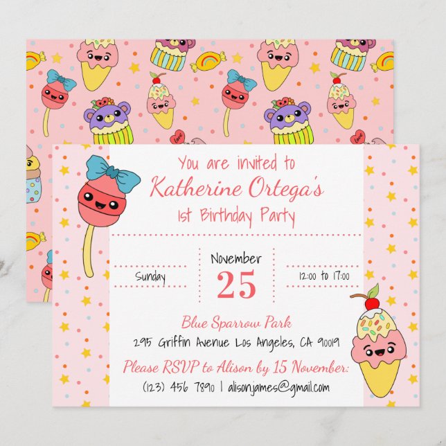 Cute Pink Kawaii Sweets Happy 1st Birthday Party Invitation (Front/Back)