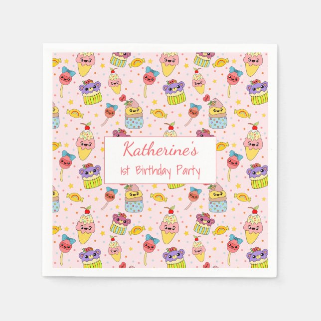 Cute Pink Kawaii Sweets Happy 1st Birthday Party Napkin (Front)