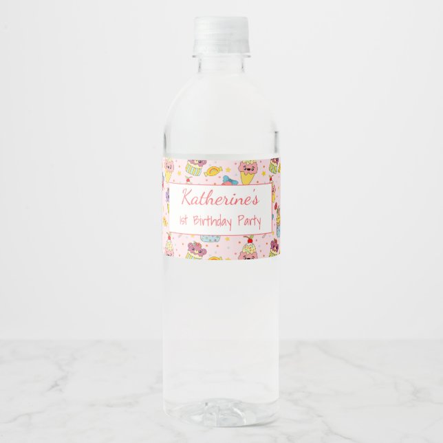 Cute Pink Kawaii Sweets Happy 1st Birthday Party Water Bottle Label (Front)