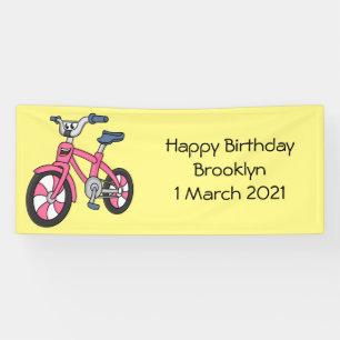Cute pink kids bicycle cartoon illustration banner