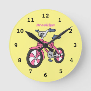 Cute pink kids bicycle cartoon illustration round clock