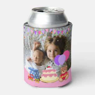 Cute Pink Kids Toys Birthday Celebration Photo Can Cooler