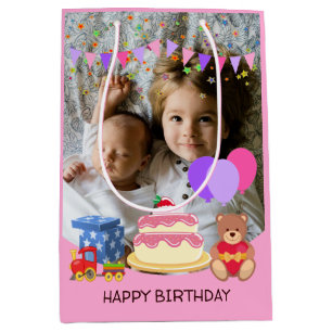Cute Pink Kids Toys Birthday Celebration Photo Medium Gift Bag