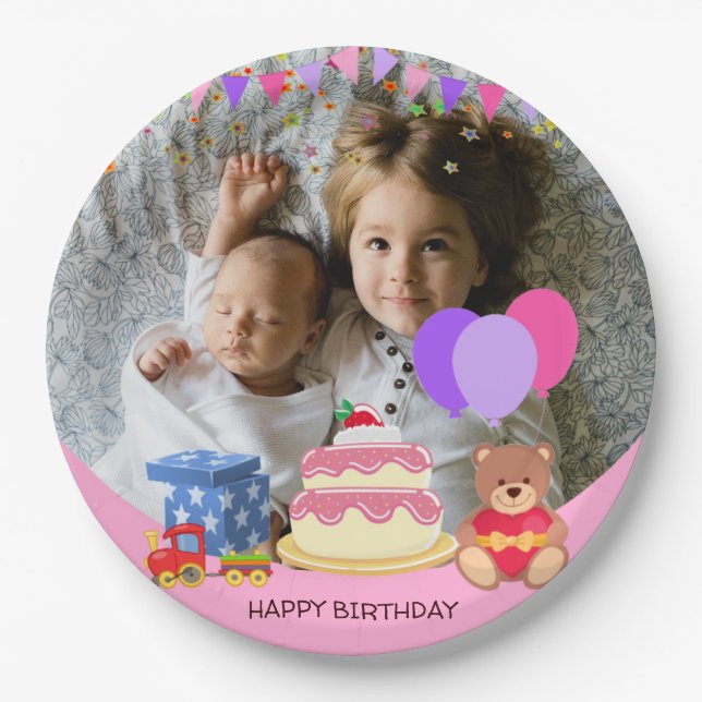 Cute Pink Kids Toys Birthday Celebration Photo Paper Plate (Front)