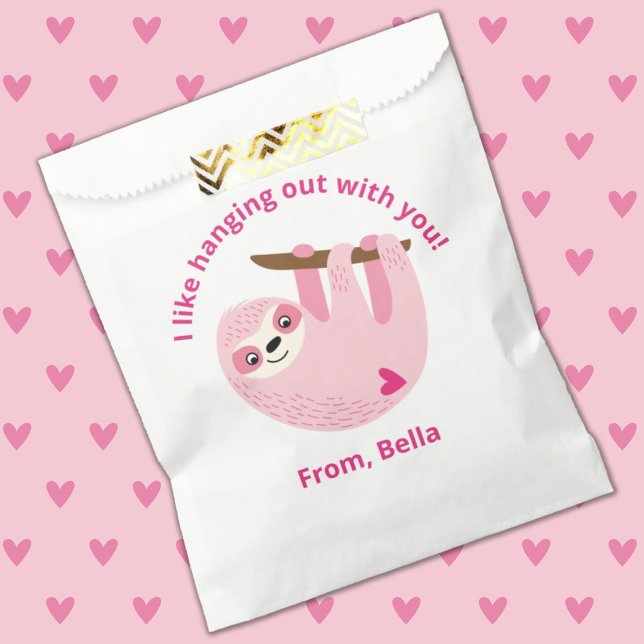 Cute Pink Kids Valentine School Classroom Favour Bags (A cute pink sloth Valentine's Day Favor Bag. So fun for A school valentine exchange!)