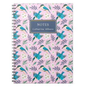 Cute Pink Kingfisher Birds Floral Pattern Name Notebook