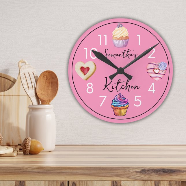 Cute Pink Kitchen Watercolor Cupcake Personalised  Round Clock (Creator Uploaded)