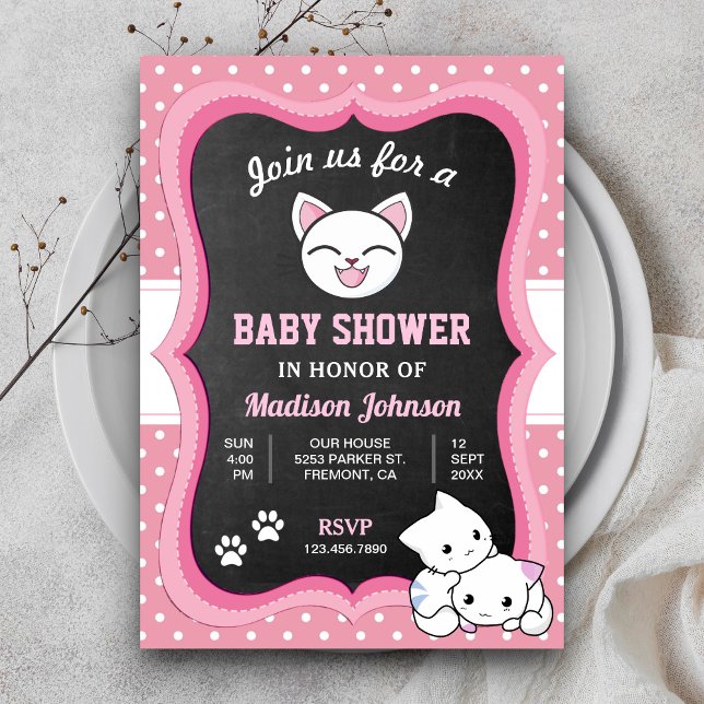 Cute Pink Kitten Baby Shower Invitation (Creator Uploaded)