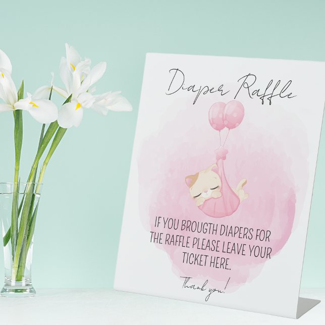 Cute Pink Kitten Diaper Raffle Baby Girl Shower Pedestal Sign (Creator Uploaded)