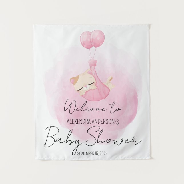  Cute Pink Kitten for Baby Girl Shower Welcome  Tapestry (Front)