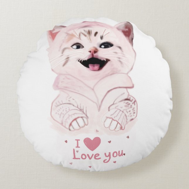 Cute Pink Kitten "I Love You" Round Pillow (Front)