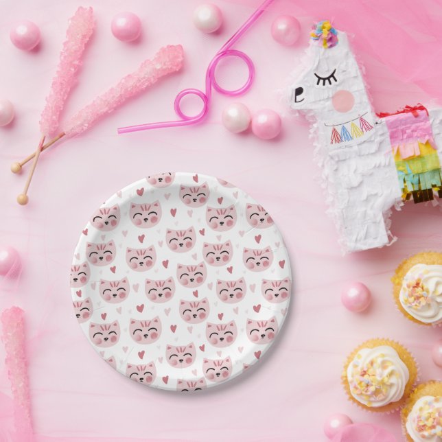 Cute Pink Kittens and Hearts Pattern for Kids Paper Plate (Party)