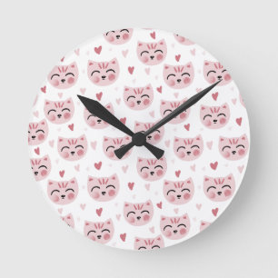 Cute Pink Kittens and Hearts Pattern for Kids Round Clock