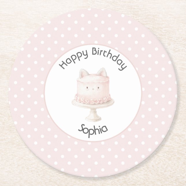 Cute Pink Kitty Cat Cake Birthday Round Paper Coaster (Front)