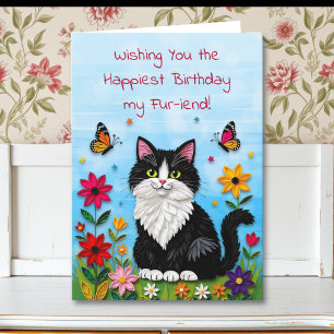 Cute Pink Kitty Cat in Flowers Birthday Card