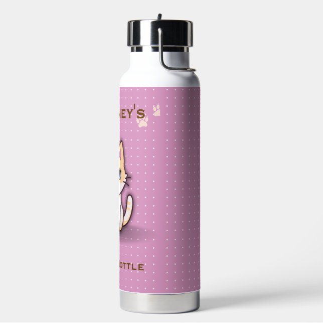 Cute Pink Kitty Cat Personalised Name Stainless Water Bottle (Left)