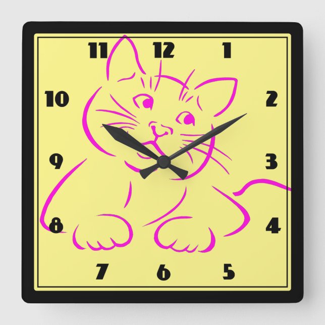 Cute Pink Kitty Cat Square Wall Clock (Front)