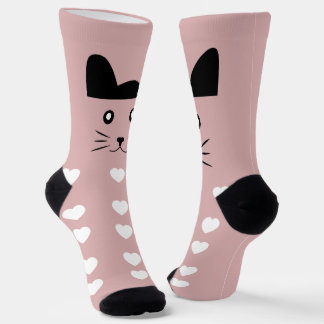 Cute Pink Kitty Face White Hearts Kawaii Animal So Socks
