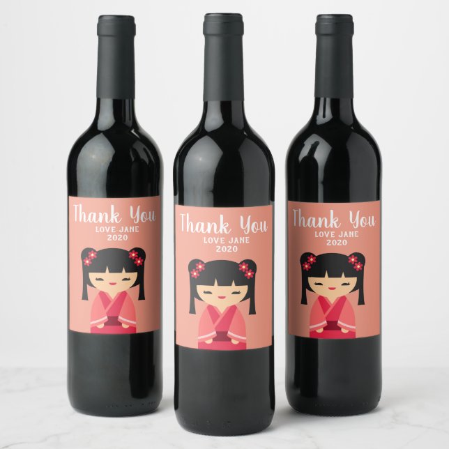 Cute pink Kokeshi Japanese dolls Wine Label (Bottles)