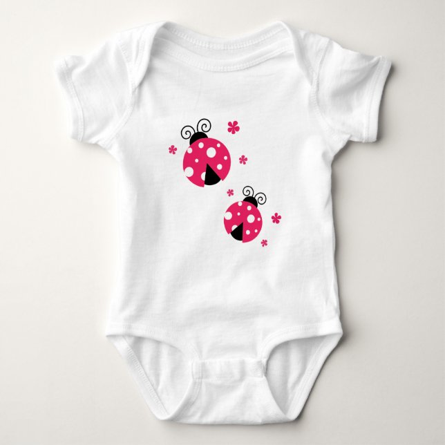 Cute Pink Labybirds and Flowers Baby Bodysuit (Front)