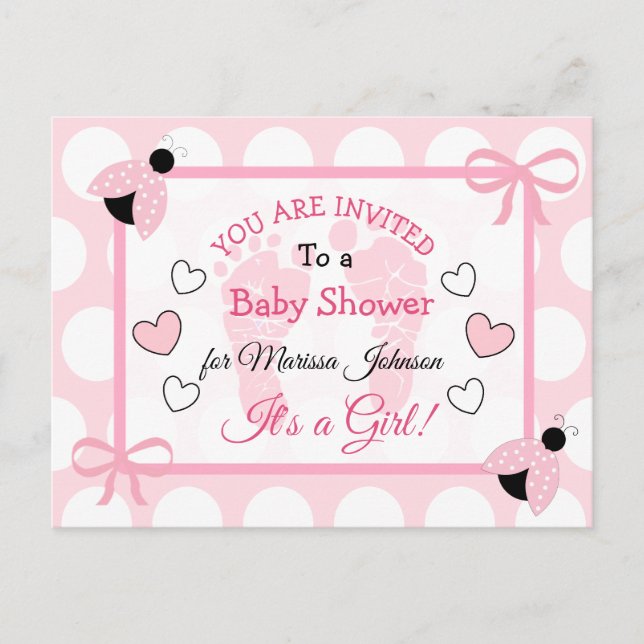 Cute Pink Ladybug Girl's Baby Shower Themed Invite Postcard (Front)
