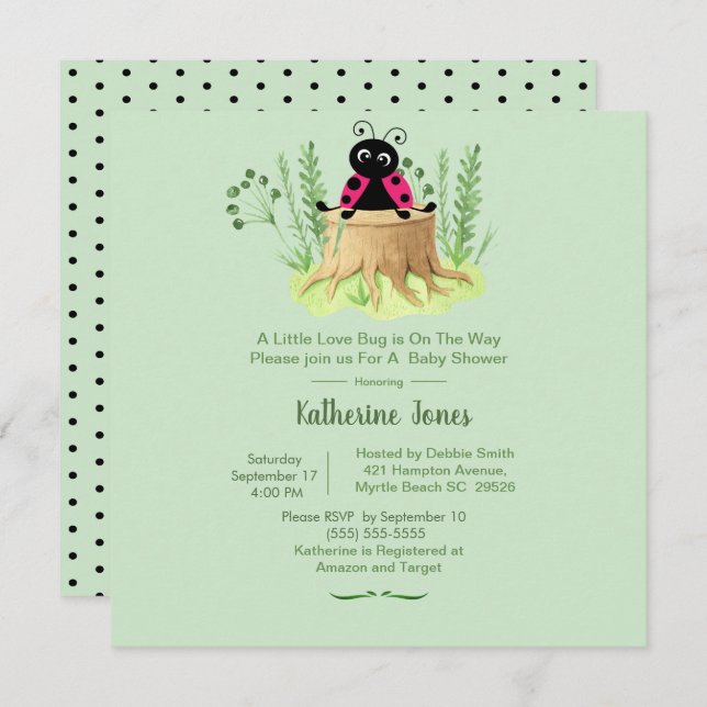 Cute Pink Ladybug in Forrest Baby Shower Invitation (Front/Back)