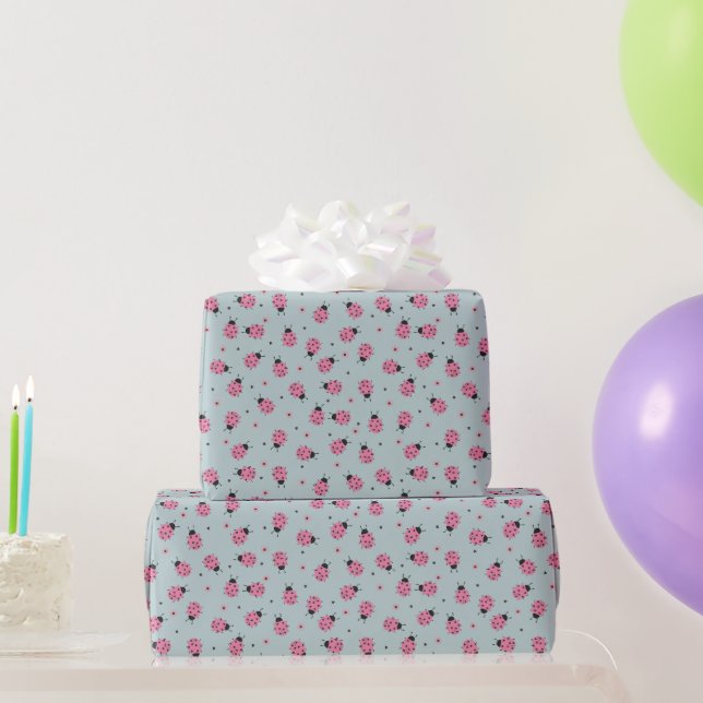 Cute pink ladybugs Easter pattern on light blue Wrapping Paper (Party Gifts)