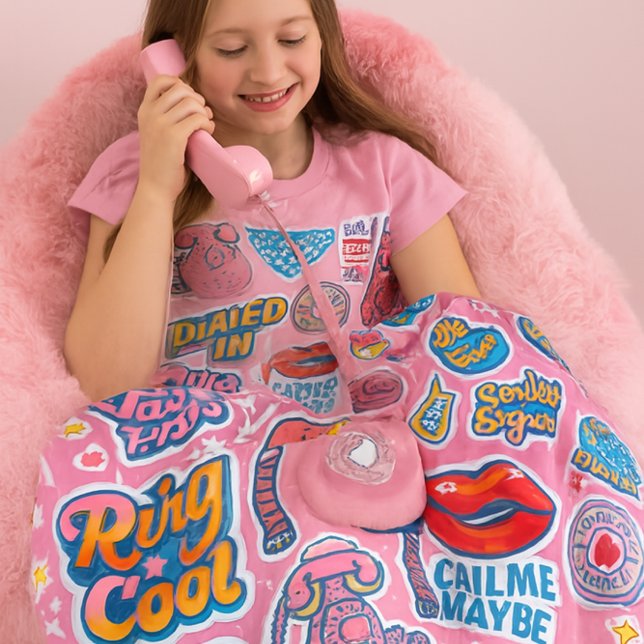 Cute  Pink Landline Telephone Throw for Girl  Fleece Blanket (	“Snuggled in sparkle, dialed into connection. Voice-first comfort for the screen-free generation.”)