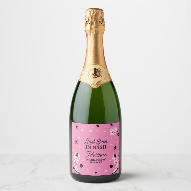Cute Pink Last Bash in Nash Nashville Bachelorette Sparkling Wine Label (Front)